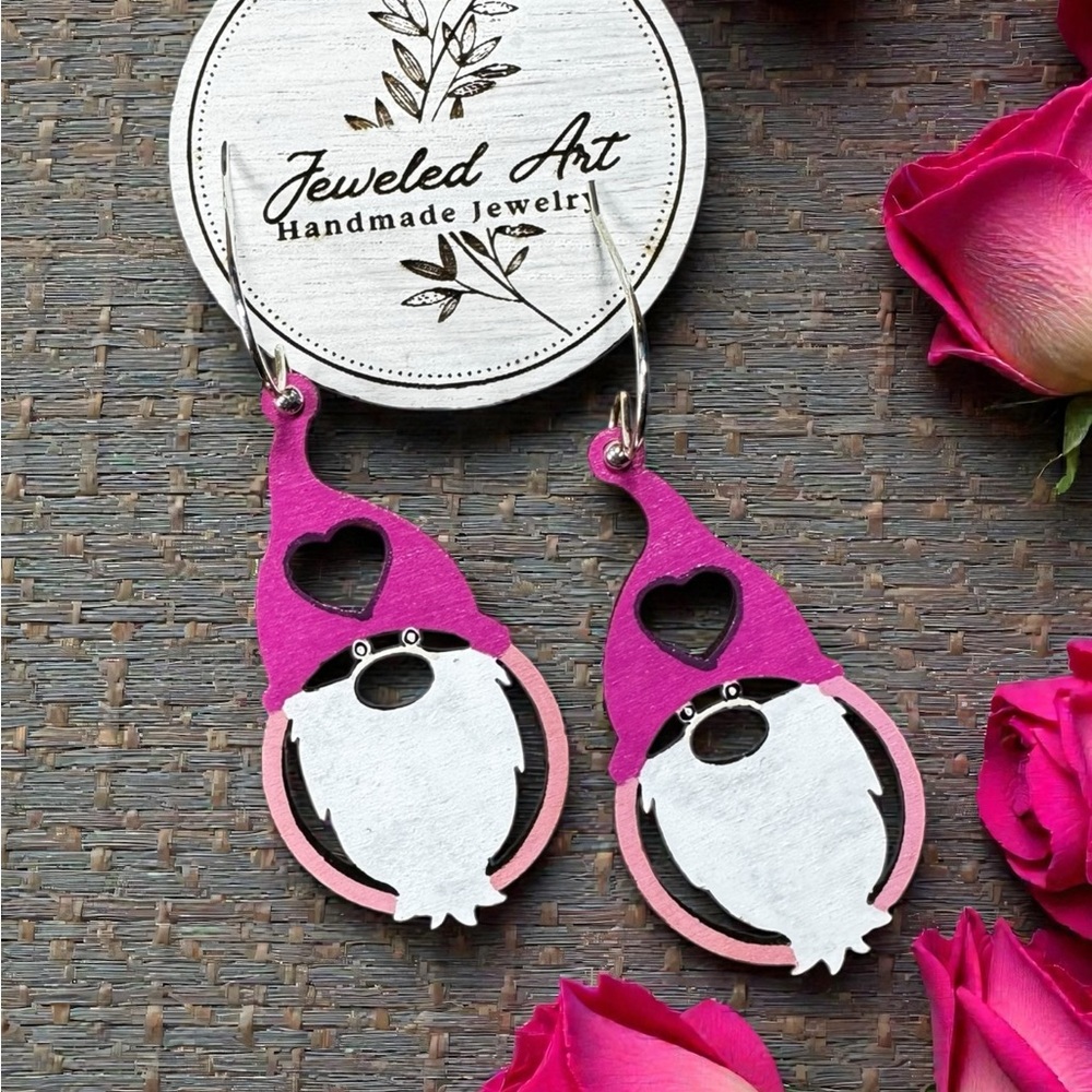 Jeweled Art Hand-Painted Valentine Gnome Wood Earrings - Valentine's Day